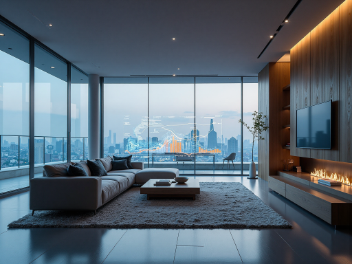 Smart home interface showing connected devices and automated systems, modern living room setting with digital displays