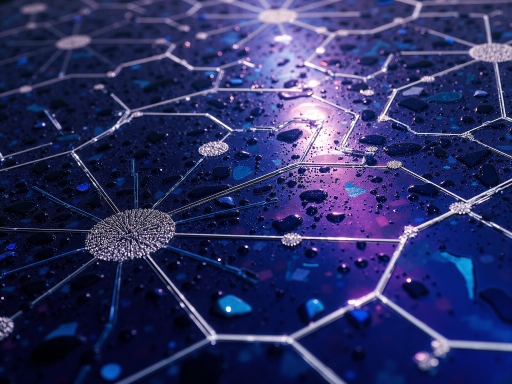 Digital concept illustration showing interconnected nodes and circuits representing digital soul architecture, dark blue background with green accents