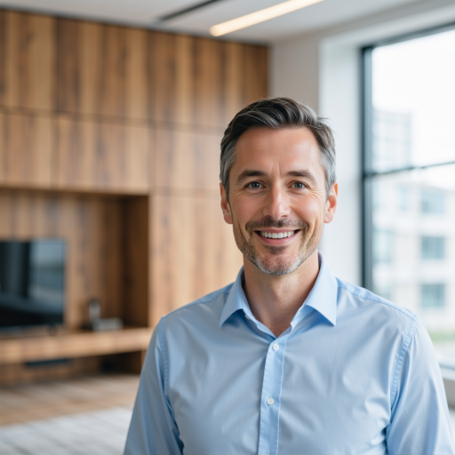 Middle-aged male product manager headshot wearing casual office attire, standing in collaborative workspace